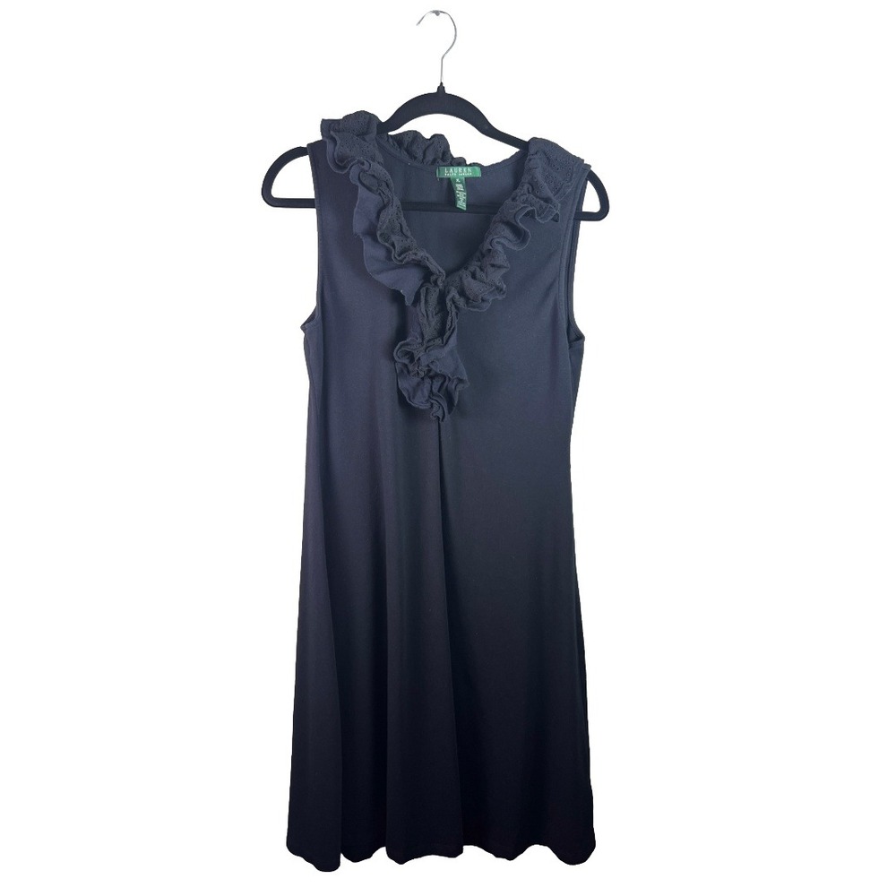 Lauren Ralph Lauren Dress Women XL Black Ruffle Eyelet Sleeveless Preppy